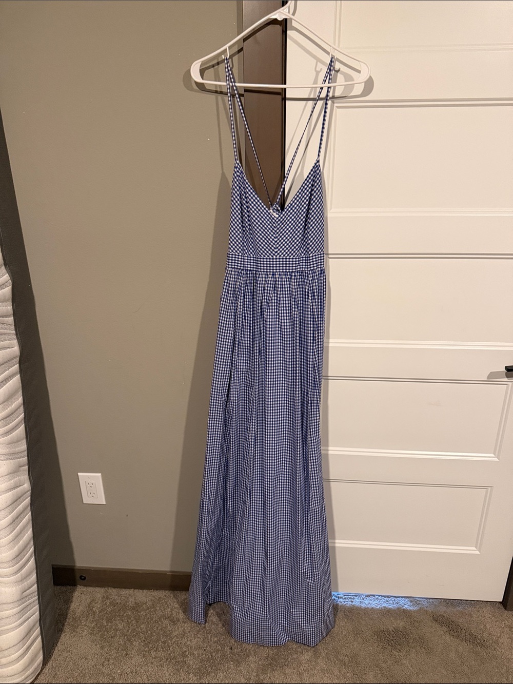 J. Crew Blue Gingham Maxi Dress with V-Neck and Spaghetti Straps